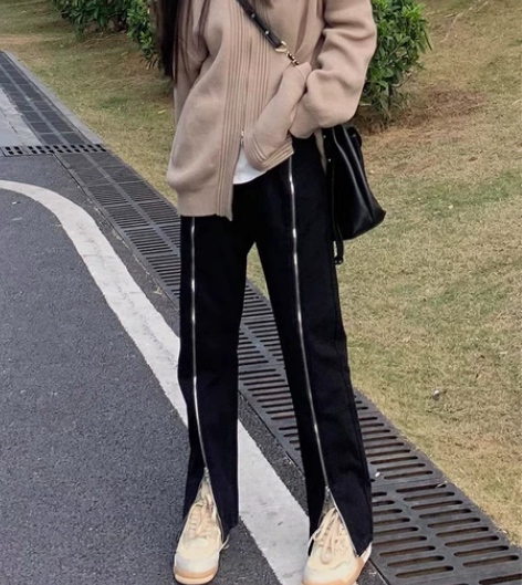 【科幻】自制新款设计感双拉链直筒显瘦长裤女...