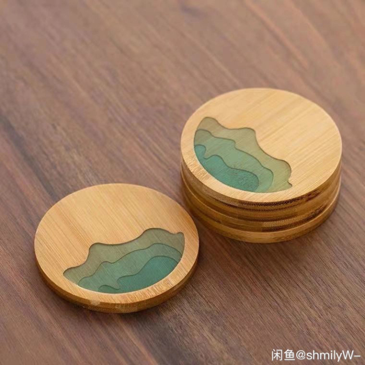 竹制茶杯垫茶托圆形四方形立体国风绘画图案