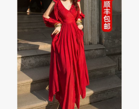 沙漠旅拍红色长裙云南旅游复古连衣裙长款亚麻...