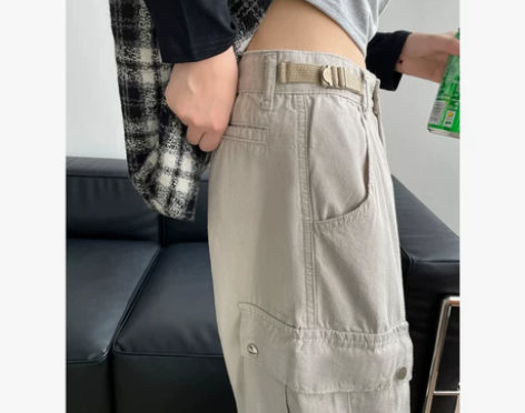 原创高街美式工装裤女宽松直筒显瘦休闲裤子高...