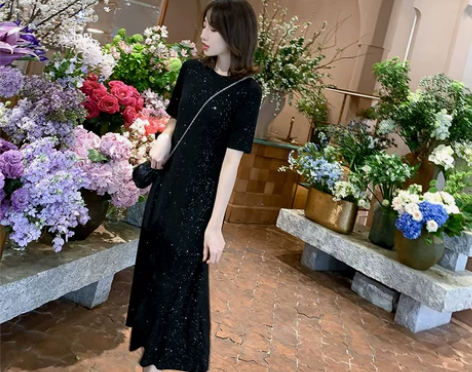 裙子女夏季新款韩版纯色亮片连衣裙女气质修身...