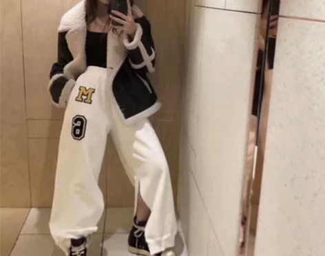 韩版白色直筒裤设计感开衩阔腿裤女春秋季松紧...