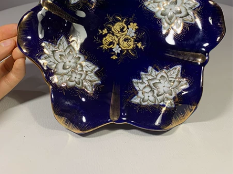 钴蓝鎏金花篮高足盘，品相完好，捷克回流，尺...