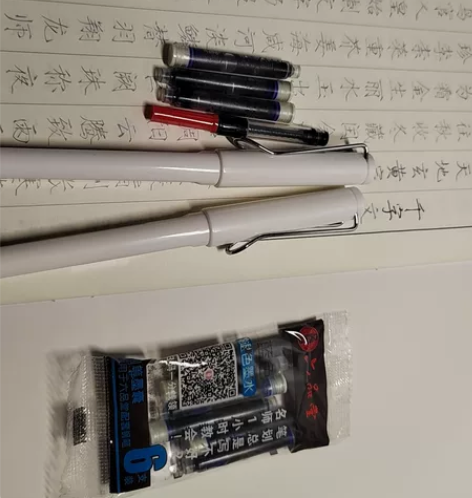 二只钢笔,外送两袋可携带墨水外加二个吸墨器...