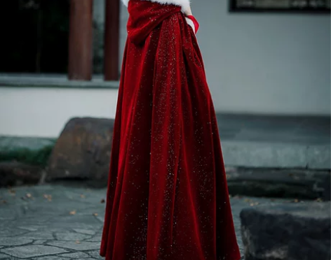 酒红色斗篷汉服女中国风毛领加绒加厚披风古装...
