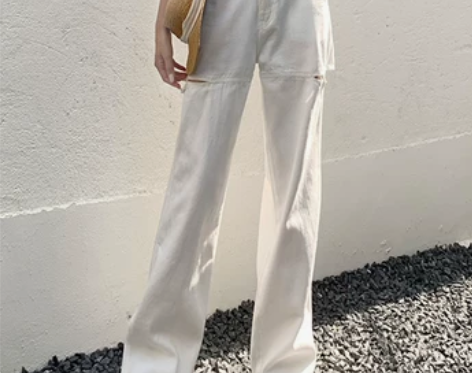仙吾依白色破洞牛仔裤女直筒宽松2022新款...