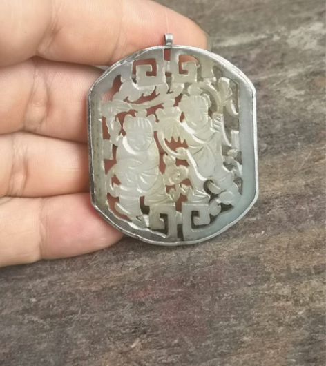包银老玉雕和合二仙玉佩，双面工，高5.5，...