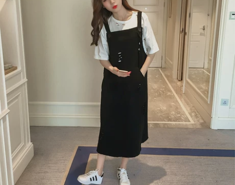 背带裙女6韩国中长款破洞宽松背带裙…   ...