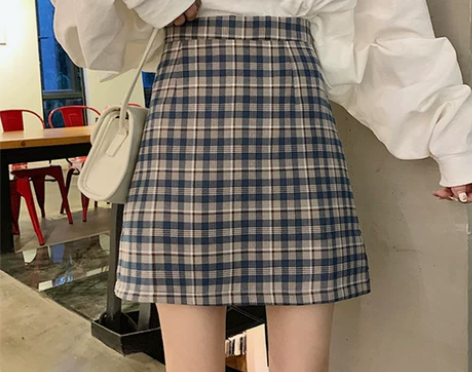 格子半身裙女夏季a字裙2021新款春秋高腰...