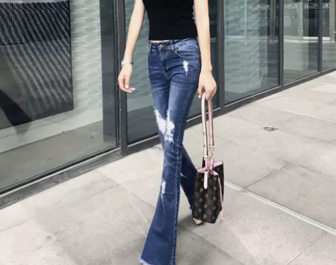 破洞毛边微喇牛仔裤女复古修身长裤开叉垂感原...
