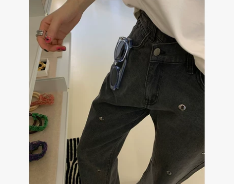 区区欧阳不对称复古牛仔裤女春季宽松阔腿裤高...