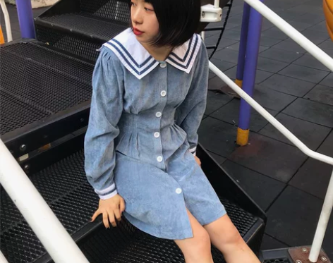 迷路森林 雾霾蓝色《海洋》日系修身海军连衣...