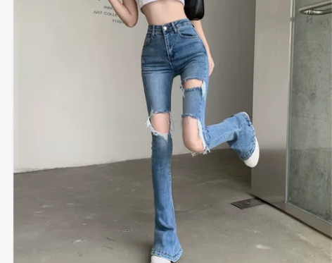 高腰破洞牛仔裤女夏薄款修身弹力显瘦微喇叭马...