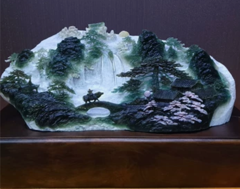 玉雕玉石山水 岫玉水墨丹青意境花玉摆件玉器天
