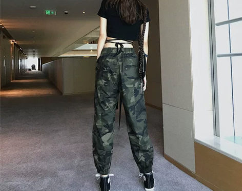 迷彩工装裤女宽松bf秋季帅气高腰束脚休闲裤...