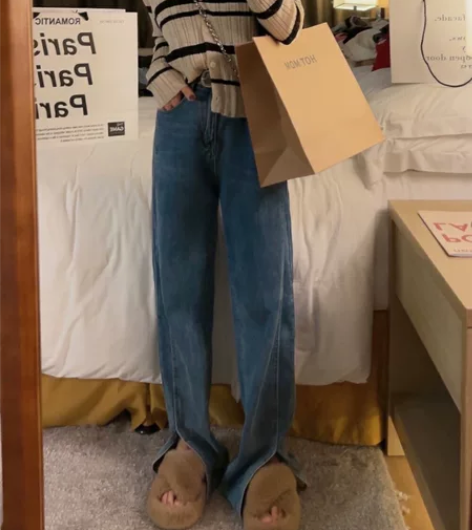 开叉直筒阔腿加绒加厚牛仔裤 感兴趣的话点“...