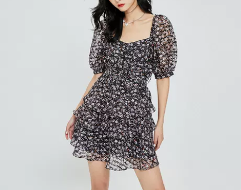 ONLY夏季新款碎花小清新甜美收腰短袖短款...