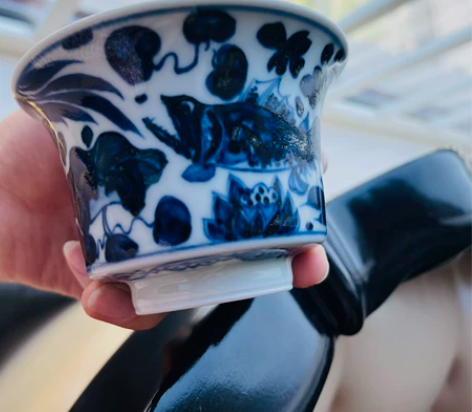 元青花 柴窑鱼藻二才盖碗 釉水润,锡斑老味...