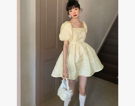 乌龙羊/法式方领蓬蓬裙连衣裙女夏小个子提花...