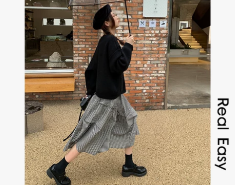 阿一 荷叶边格子半身裙女夏季高腰设计感复古...
