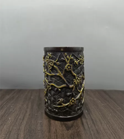 古玩古董铜器摆件喜上眉稍笔筒书房摆件纯铜老...
