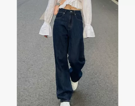 复古深蓝色牛仔裤女夏季2021年新款宽松高...