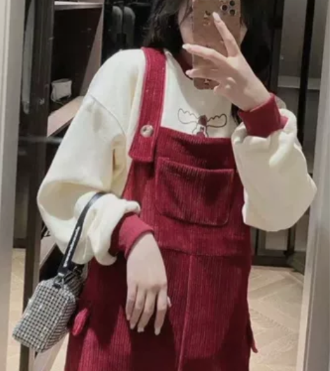 JIENILU20AW圣诞款灯芯绒口袋背带...