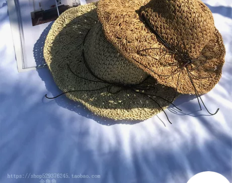 夏季手工钩针草帽子女士大沿镂空遮阳帽可折叠...