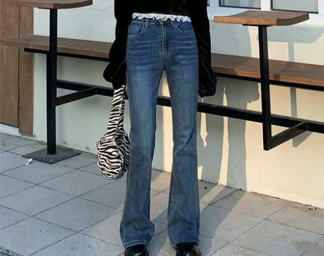 ZNZW复古蓝新款微喇加绒牛仔裤女秋冬季高...