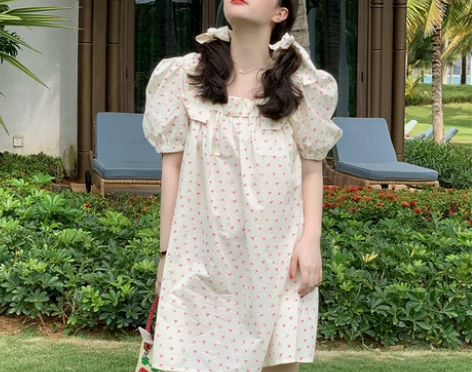 virgins泡泡袖碎花连衣裙法式复古学院...