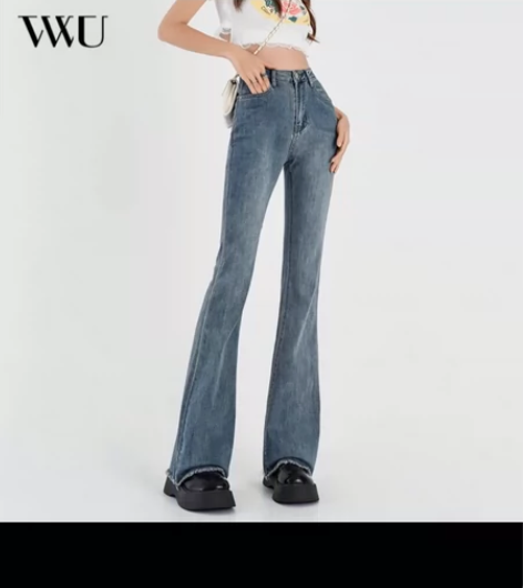 vwu蓝色复古高腰微喇叭毛边牛仔裤女202...