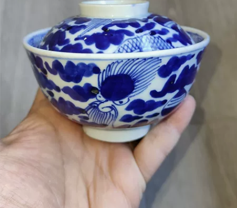 日本明治时期柴烧老青花盖碗，品相完好，百年...