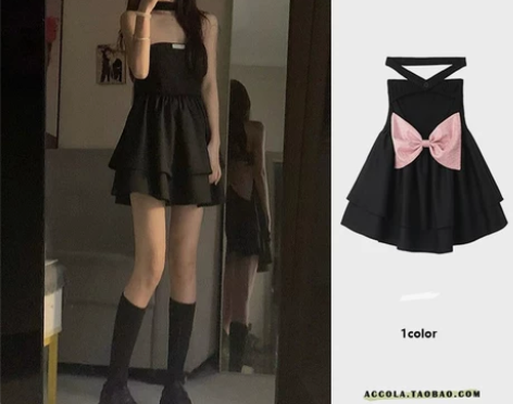 夏季赫本纯欲辣妹风蝴蝶结蓬蓬裙小个子挂脖抹...