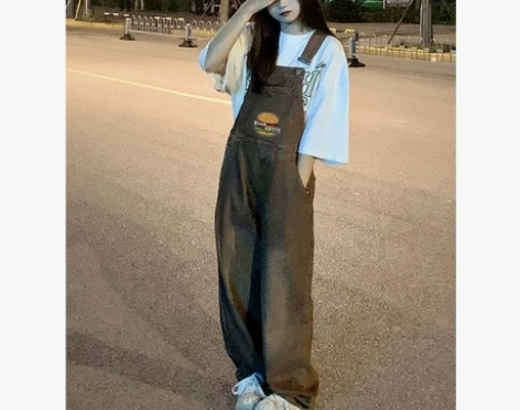 美式复古汉堡刺绣背带裤女春秋潮牌设计感高腰...