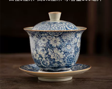 锦簇青花——老陶泥三才清风盖碗 器表开片，...