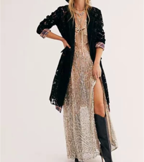 free people 镂空蕾丝灯芯绒撞色...