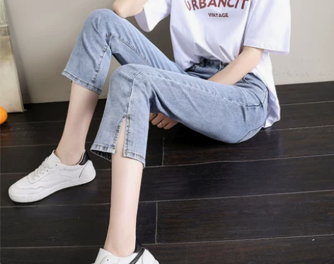 潮牌浅色七分牛仔裤女薄款2021小个子九分...