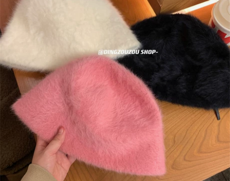 丁走走网红兔毛渔夫帽子女秋冬保暖显脸小百搭...