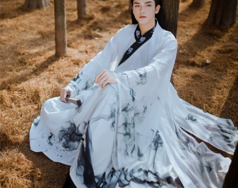 日常汉服男套装书生君子水墨画白色魏晋广袖重...