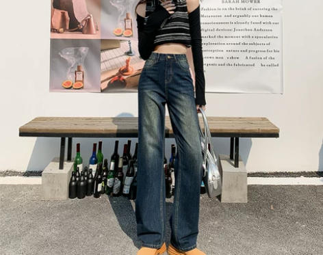BRN辣妹复古高腰阔腿牛仔裤女2022年秋...