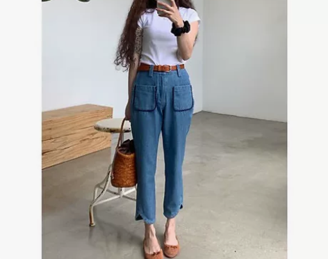 高腰牛仔裤女2023春秋新款韩版大码蕾丝花...
