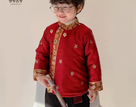 转卖男童拜年服红色汉服冬季男宝宝加厚周岁中...