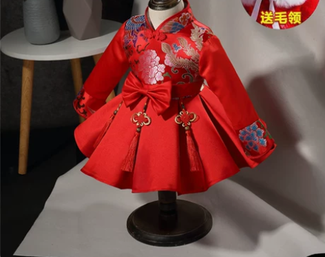 女童旗袍秋冬中国风礼服儿童唐装汉服宝宝生日...